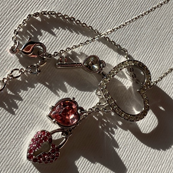 Swarovski silver tone heart and lock with pink crystal necklace